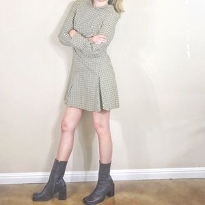 Vintage 60s Houndstooth Dress Beige Brown M
